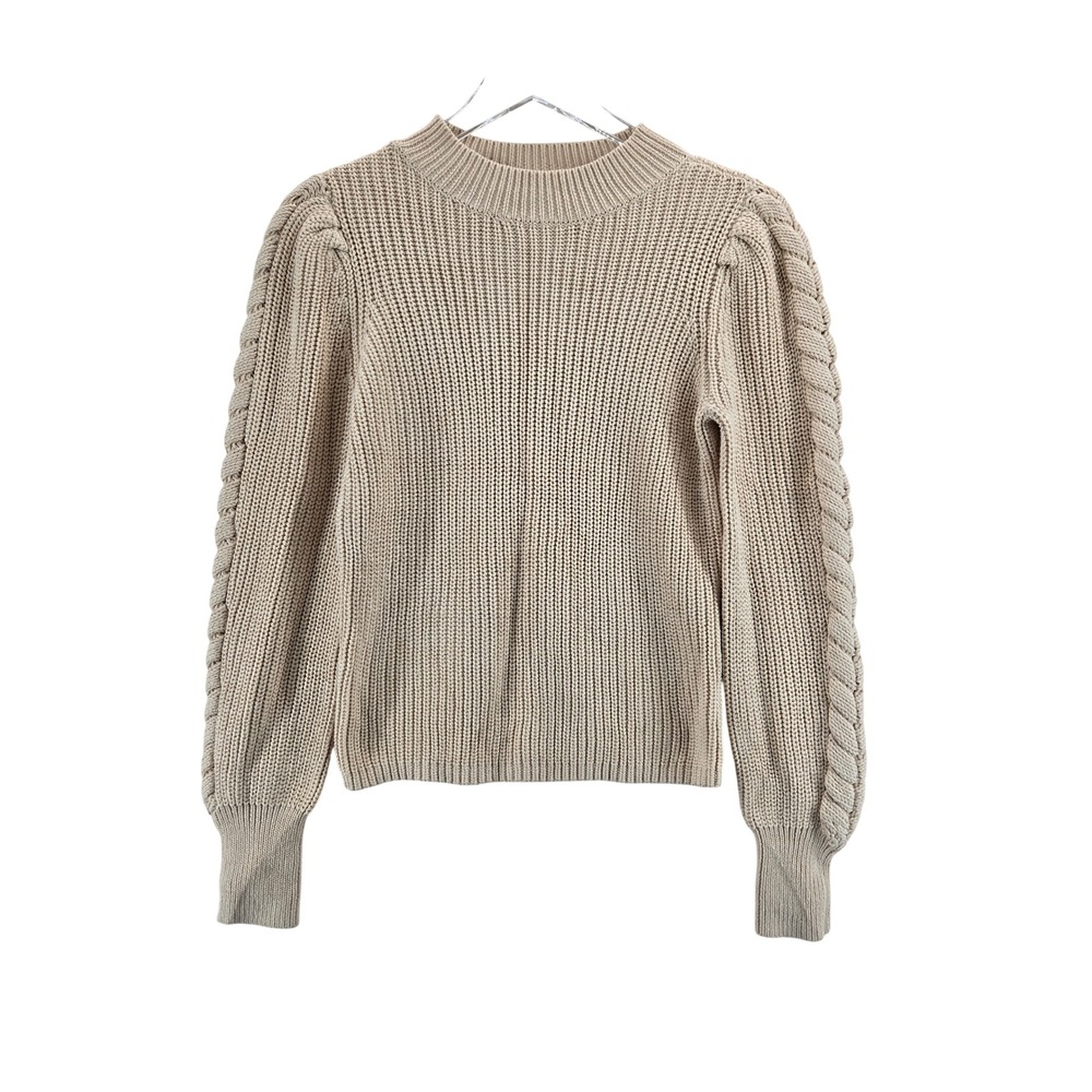 525 America Womens Beige Cotton Shaker Knit Puff Sleeve Cable Sweater Small